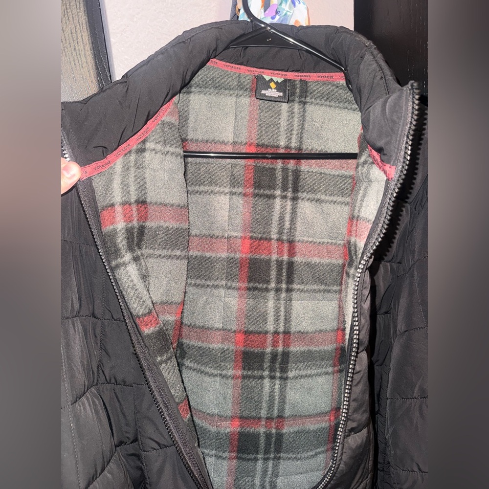 Black Quilted Jacket with Plaid Fleece Lining